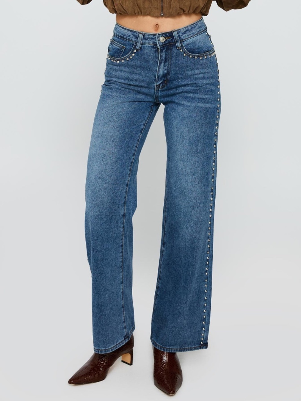 Princess Polly Saving Up Mid Rise Straight Leg Studded Jeans Mid Blue